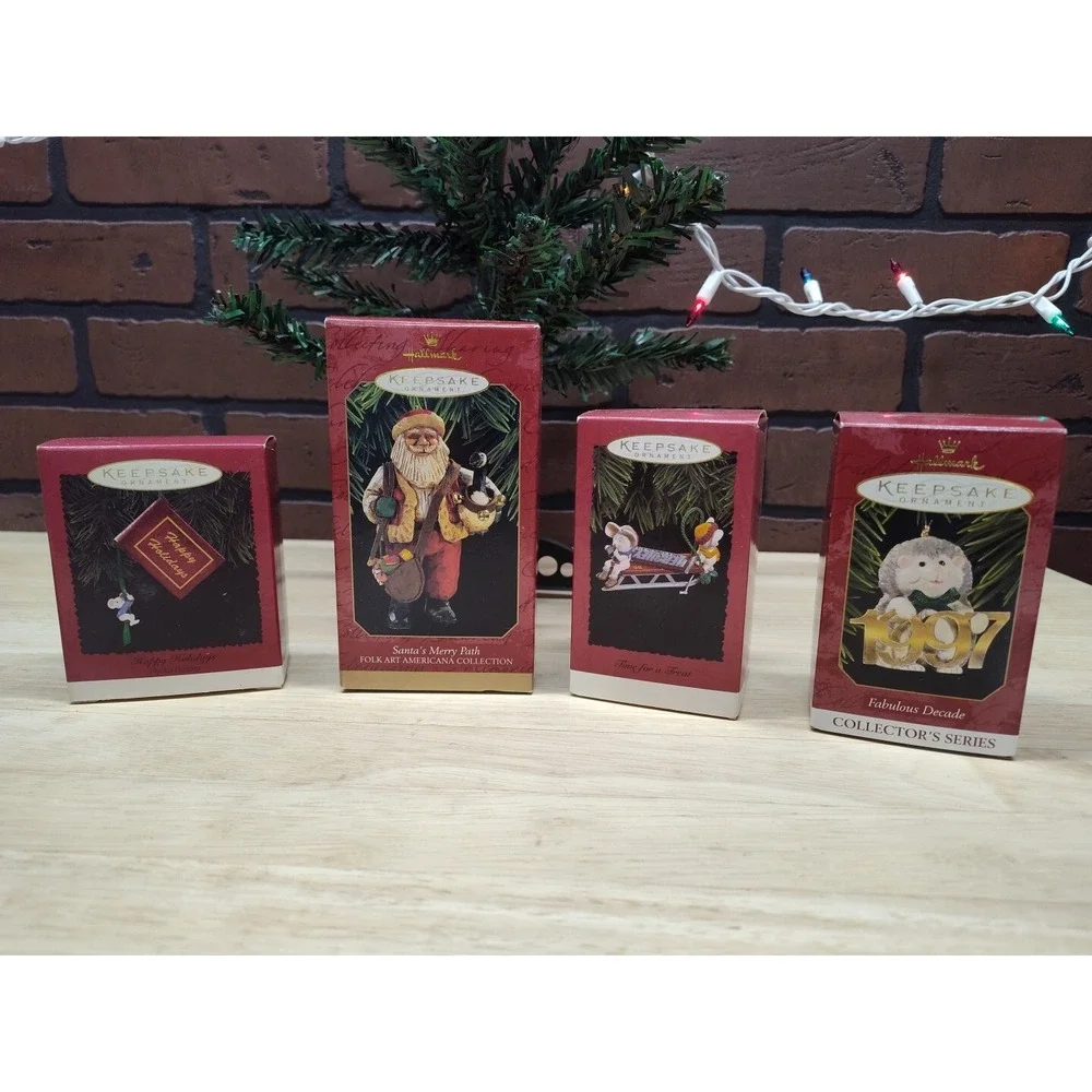 Vintage 4 Hallmark Keepsake Ornament Santa's Merry Path Folk art Hershey's